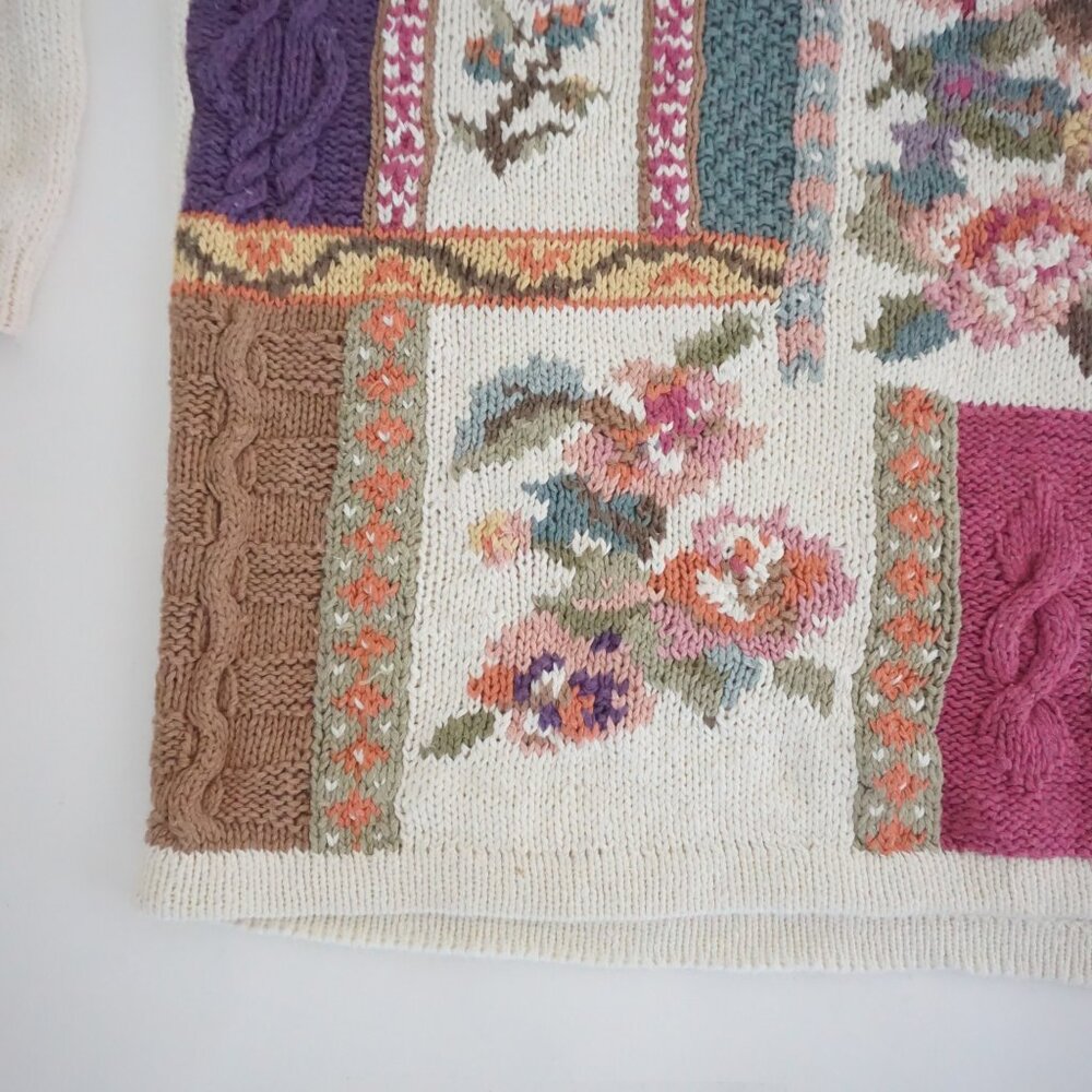 Vintage Heirloom Collectibles Floral Patchwork Cottage Knit Sweater Ivory Pink L - Picture 6 of 12